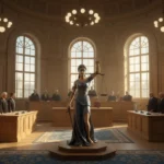 En visuell representation av det svenska rättssystemet med Fru Justitia.